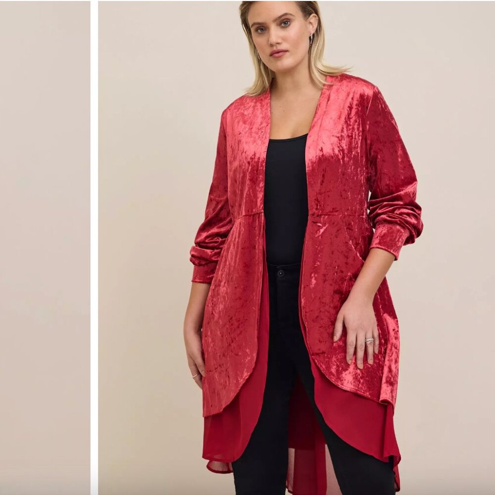 Torrid Crushed Velvet Chiffon Mix Kimono 4X Red Women's Holiday